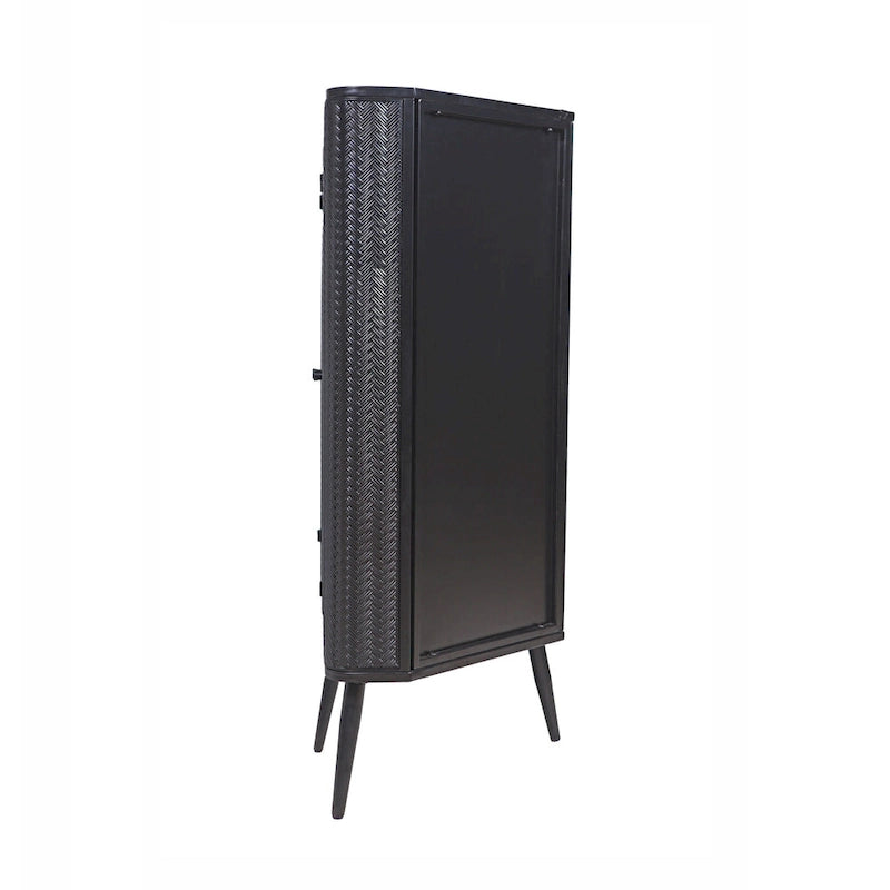 Gabinete esquinero negro antiguo de 3 niveles con puertas de vidrio templado y estructura de metal
