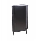 Gabinete esquinero negro antiguo de 3 niveles con puertas de vidrio templado y estructura de metal