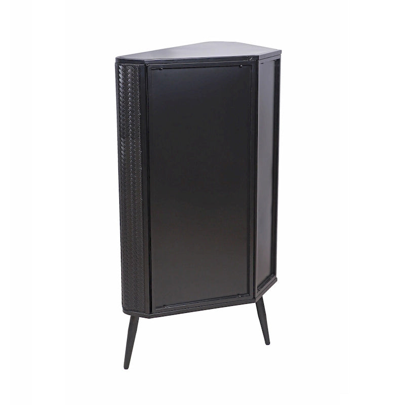 Gabinete esquinero negro antiguo de 3 niveles con puertas de vidrio templado y estructura de metal