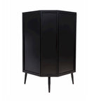Gabinete esquinero negro antiguo de 3 niveles con puertas de vidrio templado y estructura de metal