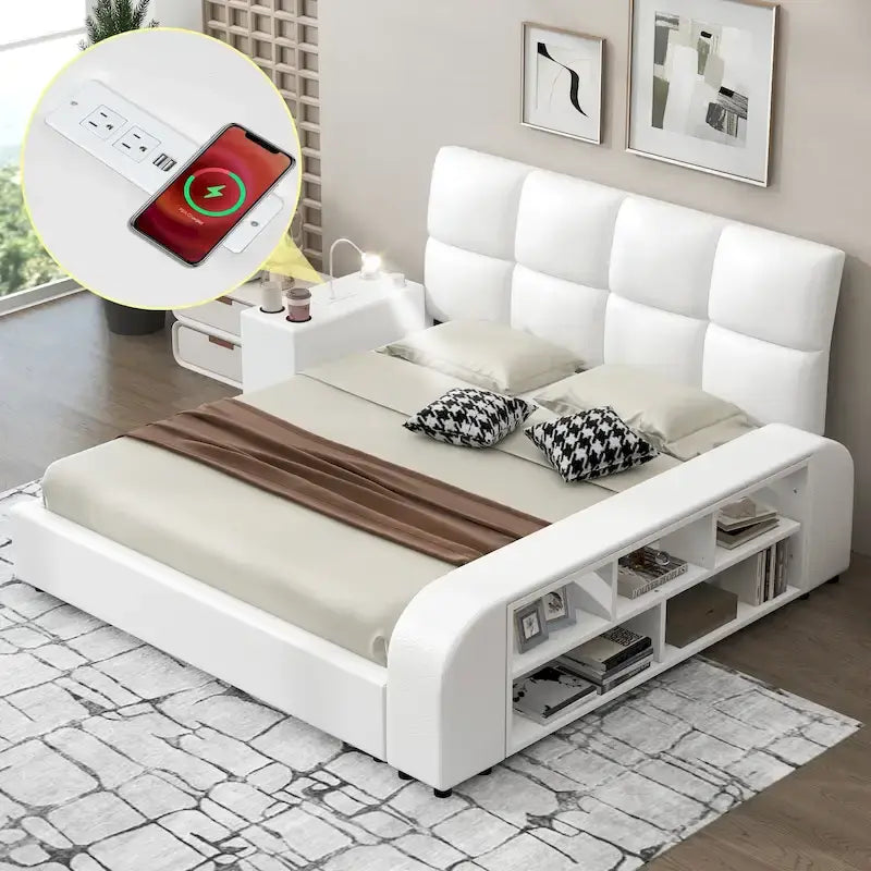 Cama Queen Plataforma Blanca / Gris con Mesita de Noche Multimedia – 1 Persona