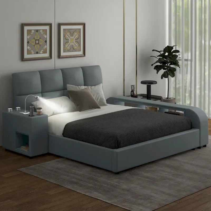 Cama Queen Plataforma Blanca / Gris con Mesita de Noche Multimedia – 1 Persona