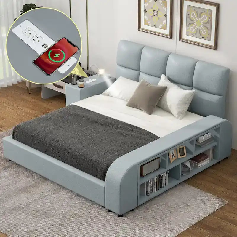 Cama Queen Plataforma Blanca / Gris con Mesita de Noche Multimedia – 1 Persona