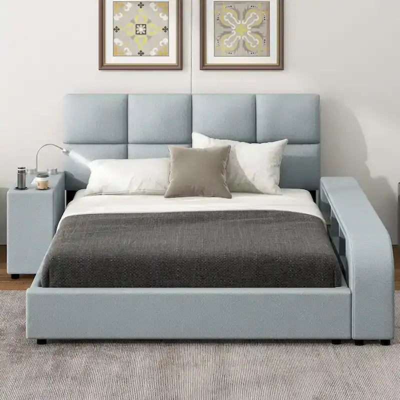 Cama Queen Plataforma Blanca / Gris con Mesita de Noche Multimedia – 1 Persona
