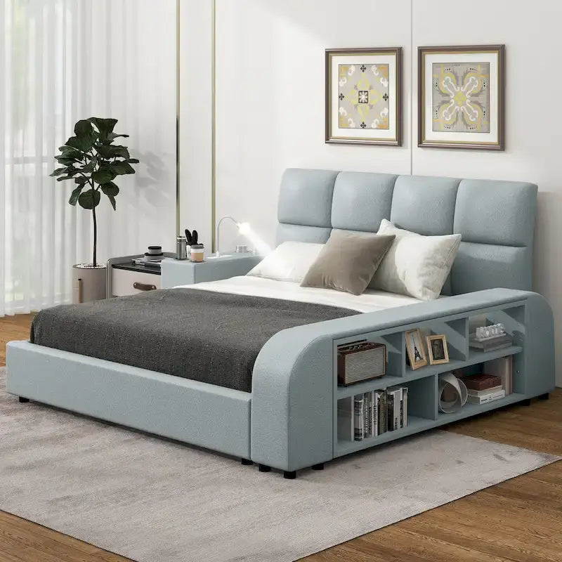 Cama Queen Plataforma Blanca / Gris con Mesita de Noche Multimedia – 1 Persona