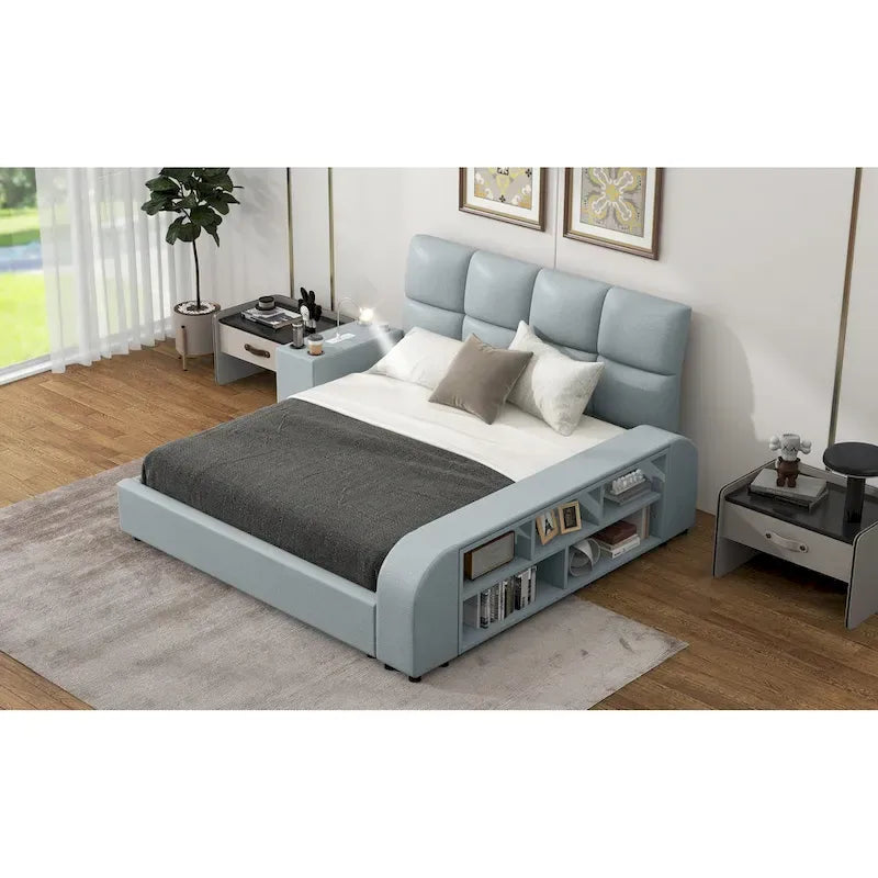 Cama Queen Plataforma Blanca / Gris con Mesita de Noche Multimedia – 1 Persona