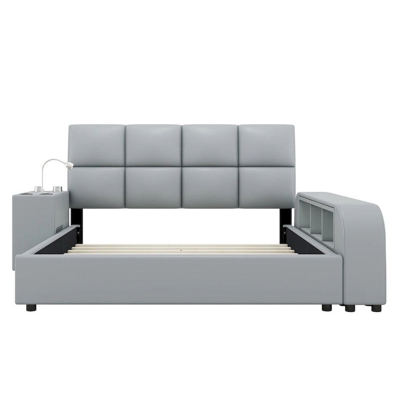 Cama Queen Plataforma Blanca / Gris con Mesita de Noche Multimedia – 1 Persona