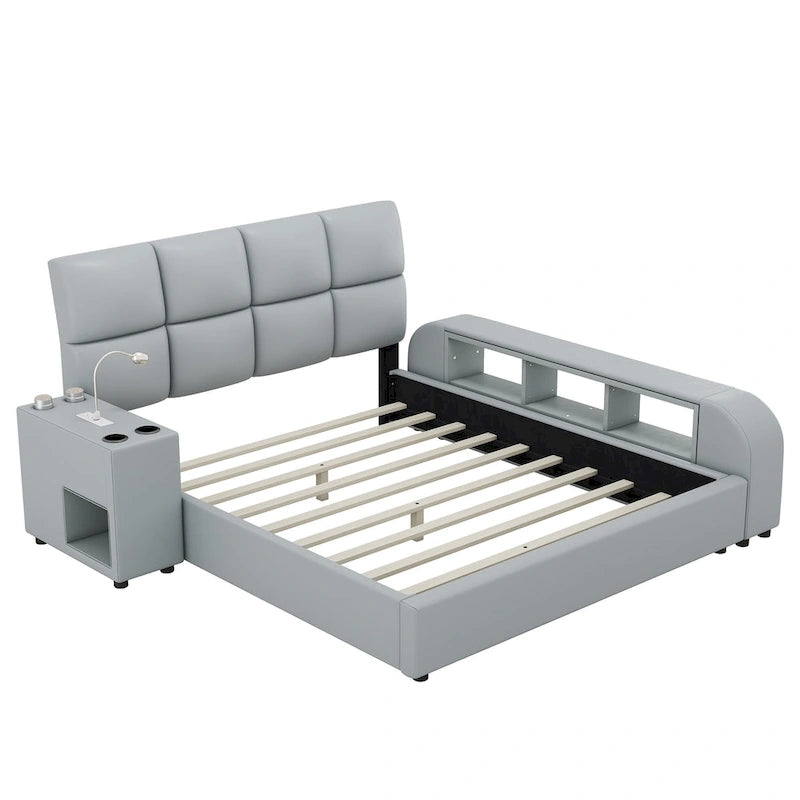 Cama Queen Plataforma Blanca / Gris con Mesita de Noche Multimedia – 1 Persona