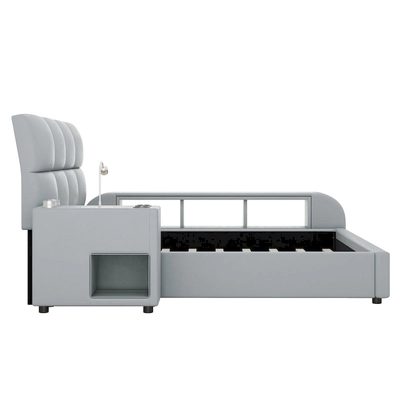 Cama Queen Plataforma Blanca / Gris con Mesita de Noche Multimedia – 1 Persona