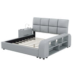 Cama Queen Plataforma Blanca / Gris con Mesita de Noche Multimedia – 1 Persona