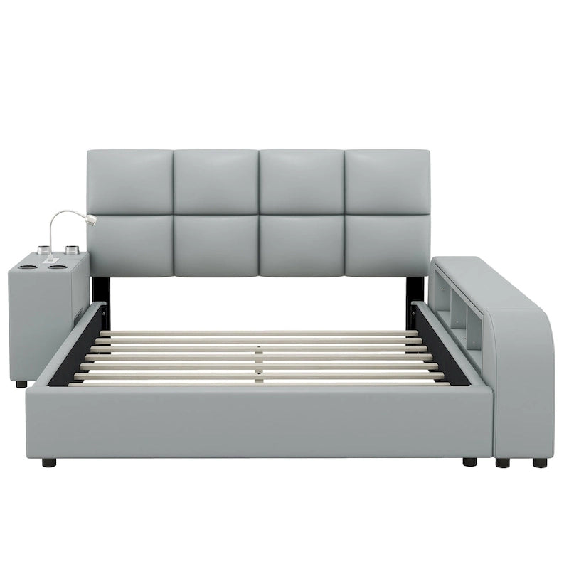 Cama Queen Plataforma Blanca / Gris con Mesita de Noche Multimedia – 1 Persona