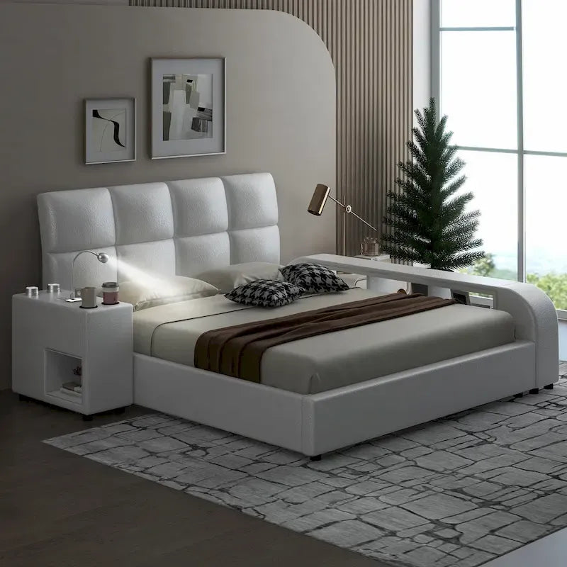 Cama Queen Plataforma Blanca / Gris con Mesita de Noche Multimedia – 1 Persona