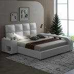 Cama Queen Plataforma Blanca / Gris con Mesita de Noche Multimedia – 1 Persona