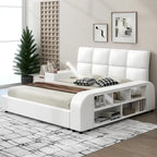 Cama Queen Plataforma Blanca / Gris con Mesita de Noche Multimedia – 1 Persona