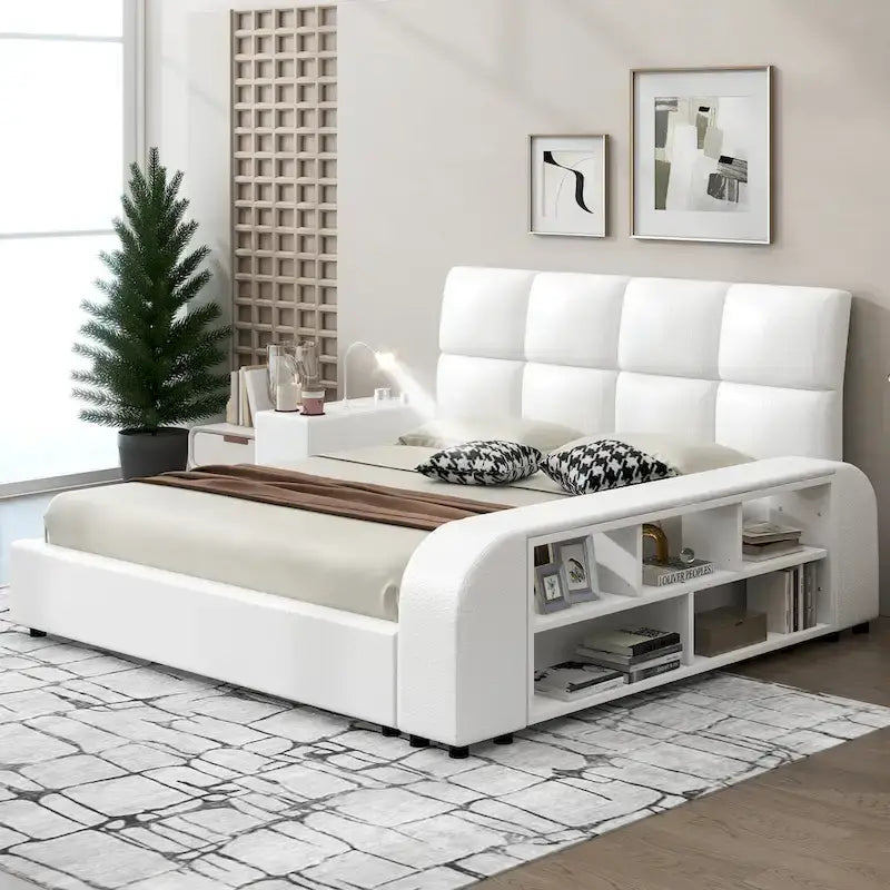 Cama Queen Plataforma Blanca / Gris con Mesita de Noche Multimedia – 1 Persona