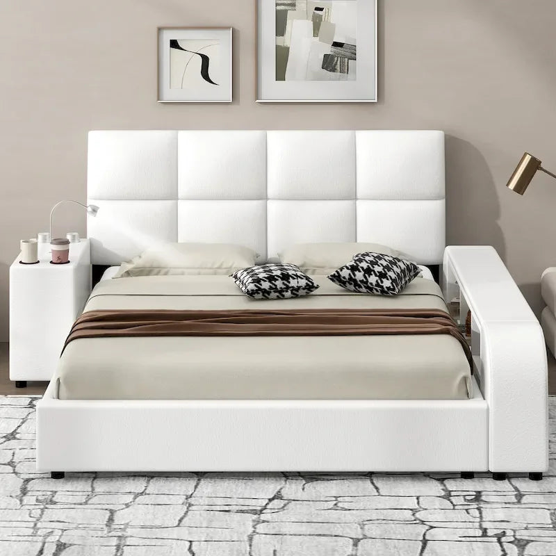 Cama Queen Plataforma Blanca / Gris con Mesita de Noche Multimedia – 1 Persona