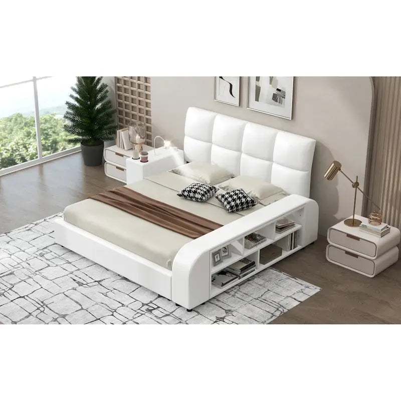 Cama Queen Plataforma Blanca / Gris con Mesita de Noche Multimedia – 1 Persona