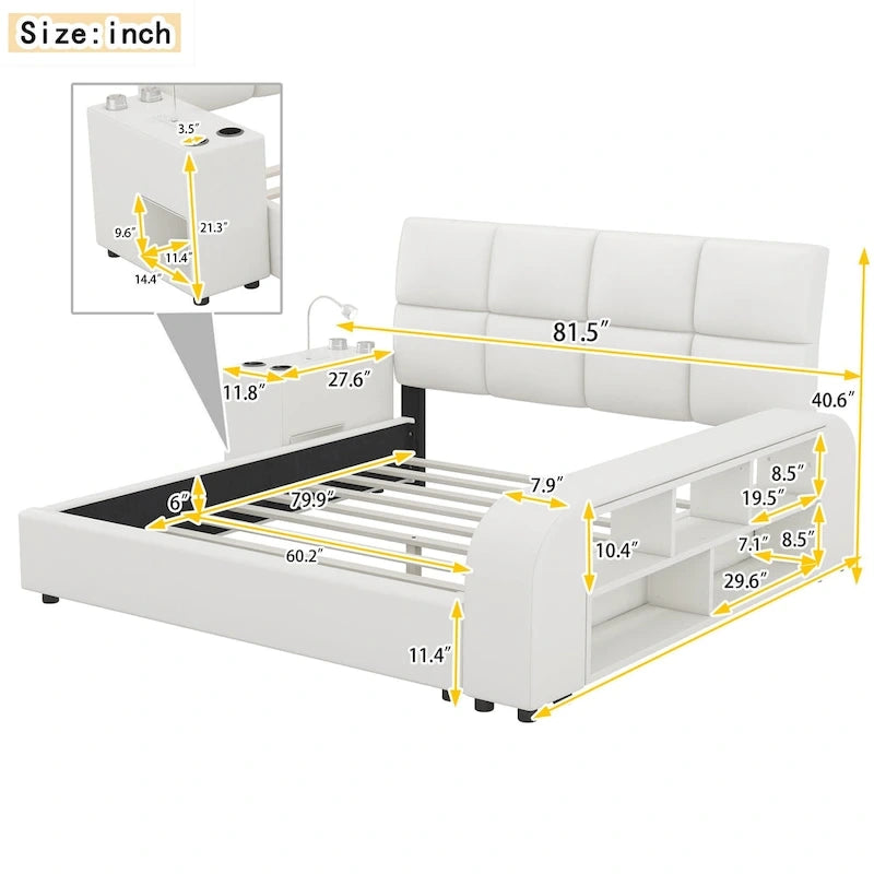 Cama Queen Plataforma Blanca / Gris con Mesita de Noche Multimedia – 1 Persona