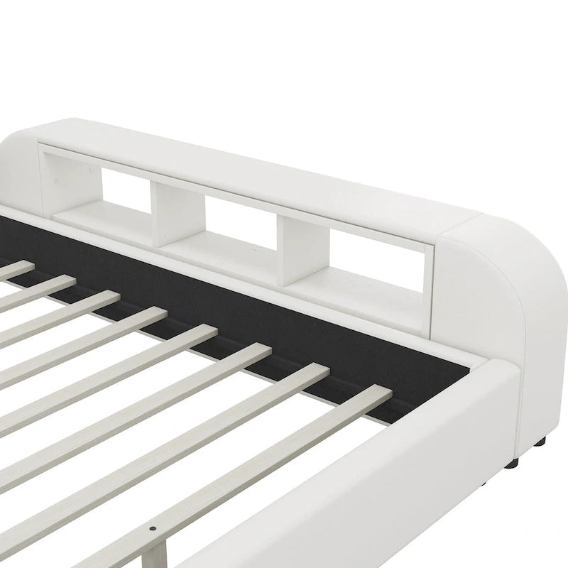 Cama Queen Plataforma Blanca / Gris con Mesita de Noche Multimedia – 1 Persona