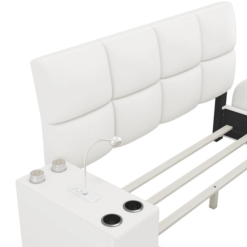 Cama Queen Plataforma Blanca / Gris con Mesita de Noche Multimedia – 1 Persona