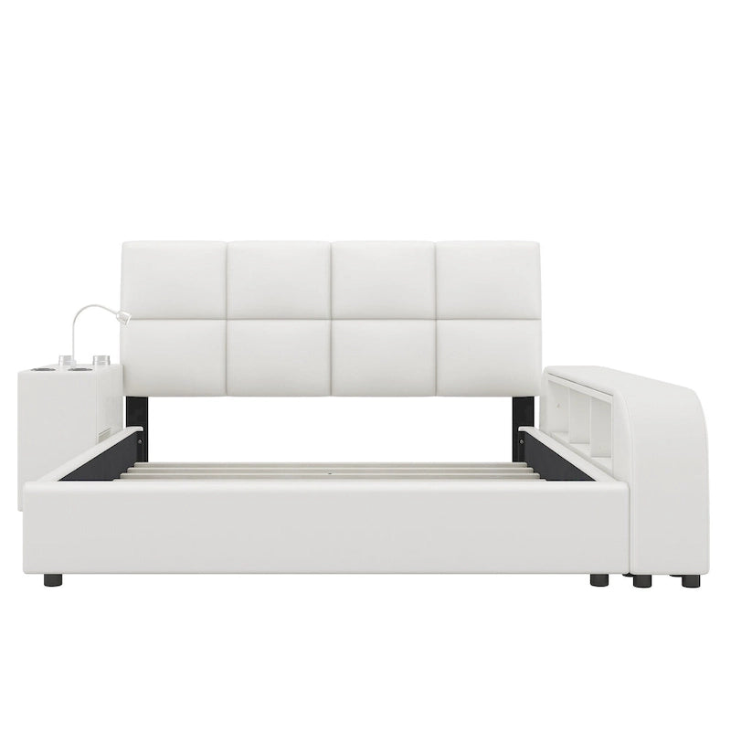 Cama Queen Plataforma Blanca / Gris con Mesita de Noche Multimedia – 1 Persona