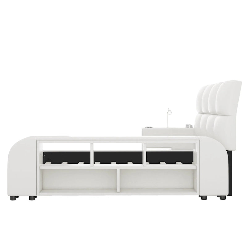 Cama Queen Plataforma Blanca / Gris con Mesita de Noche Multimedia – 1 Persona