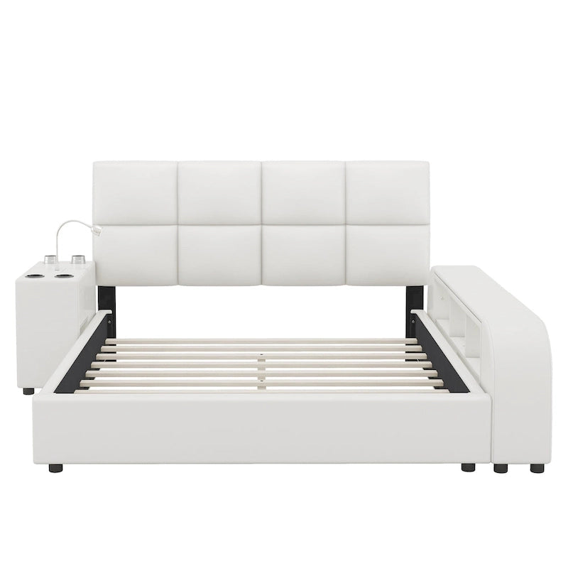 Cama Queen Plataforma Blanca / Gris con Mesita de Noche Multimedia – 1 Persona