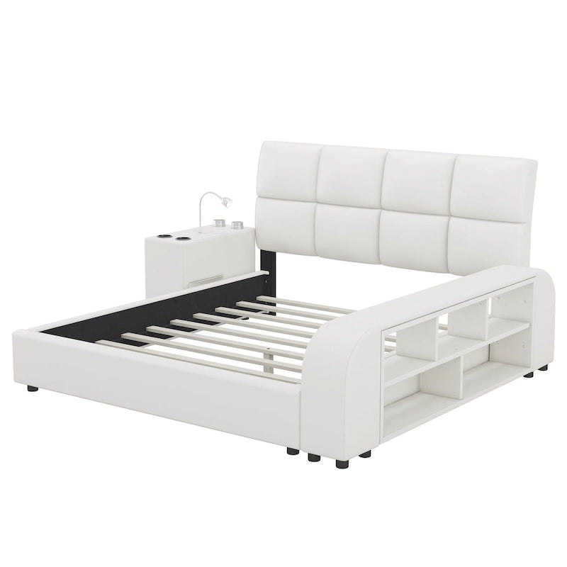 Cama Queen Plataforma Blanca / Gris con Mesita de Noche Multimedia – 1 Persona