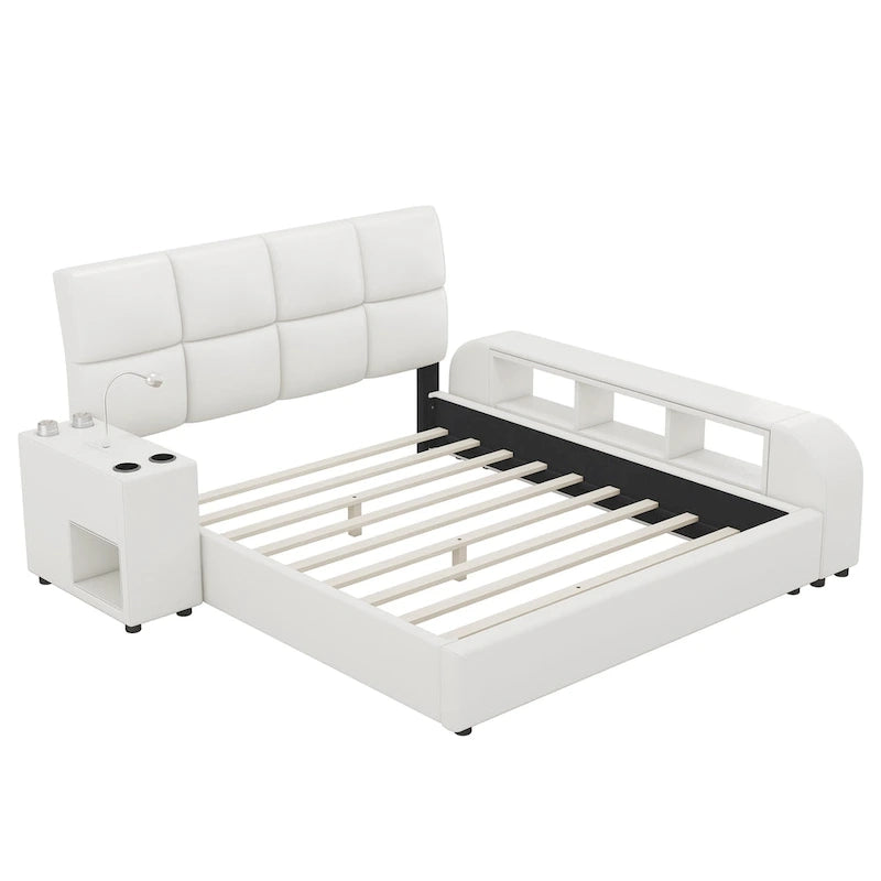 Cama Queen Plataforma Blanca / Gris con Mesita de Noche Multimedia – 1 Persona