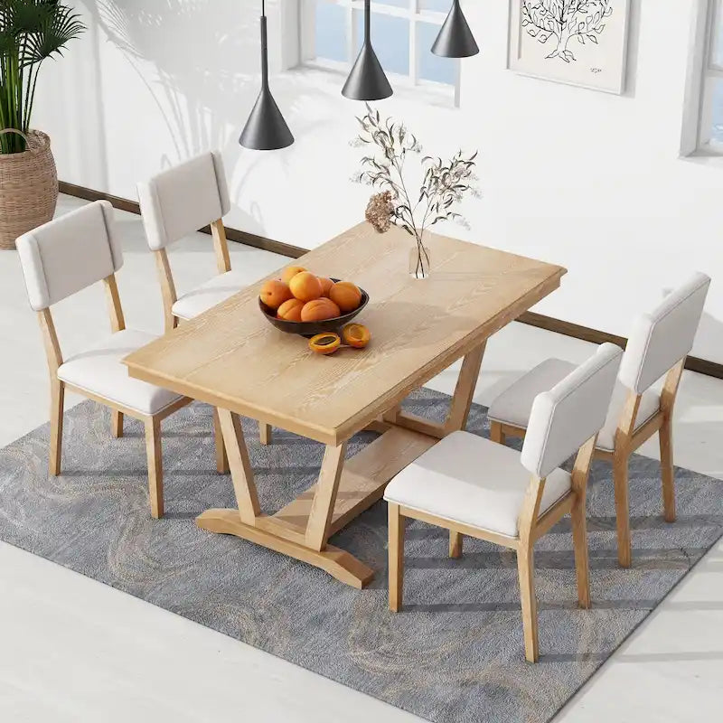 Juego de comedor de madera maciza de 5 piezas de nogal/natural, capacidad para 4 a 6 personas