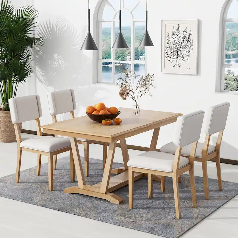 Juego de comedor de madera maciza de 5 piezas de nogal/natural, capacidad para 4 a 6 personas