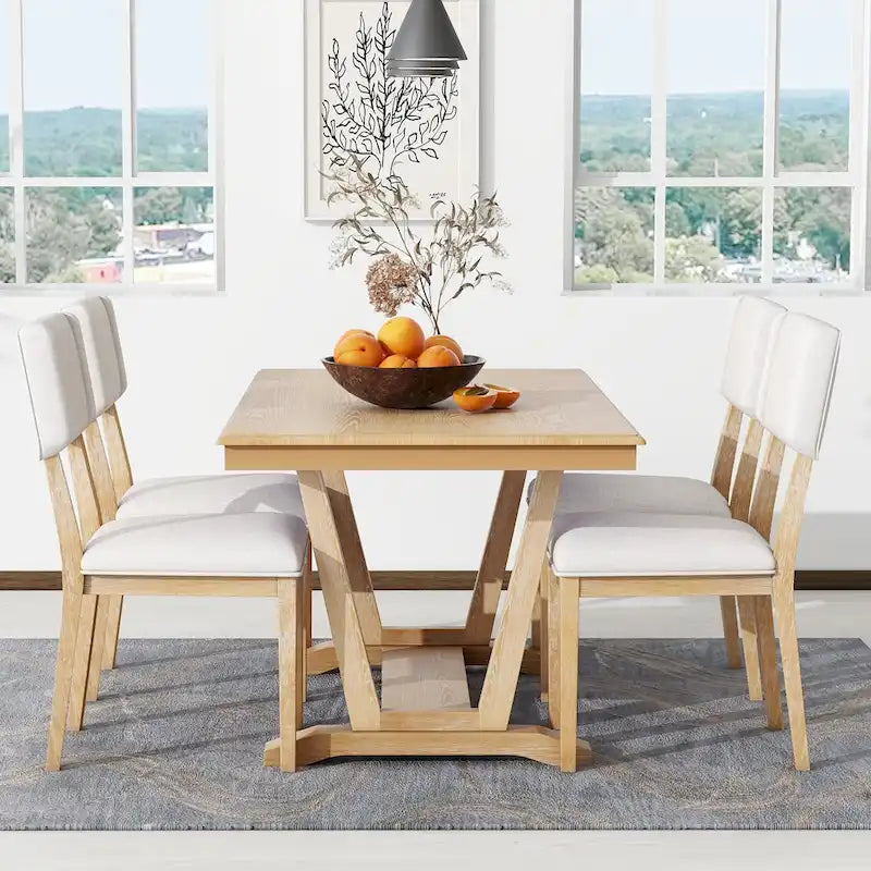 Juego de comedor de madera maciza de 5 piezas de nogal/natural, capacidad para 4 a 6 personas