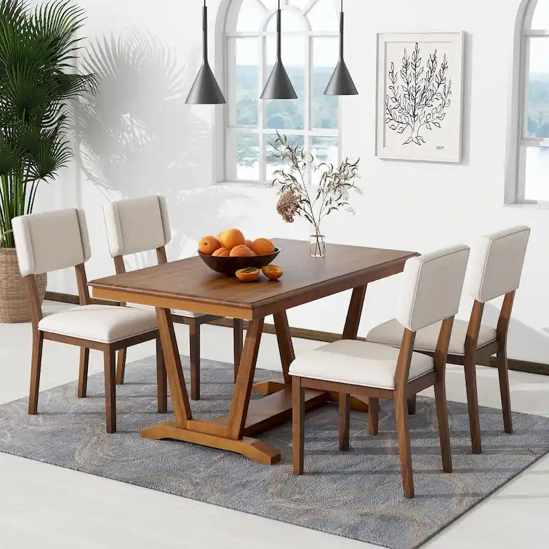 Juego de comedor de madera maciza de 5 piezas de nogal/natural, capacidad para 4 a 6 personas