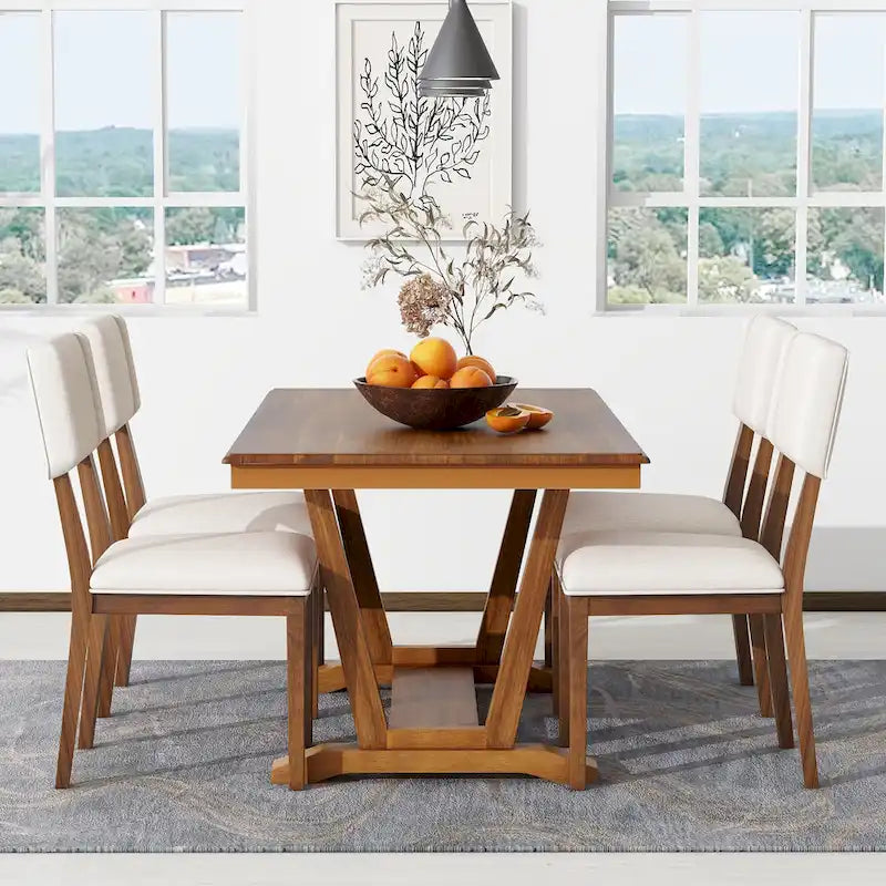 Juego de comedor de madera maciza de 5 piezas de nogal/natural, capacidad para 4 a 6 personas