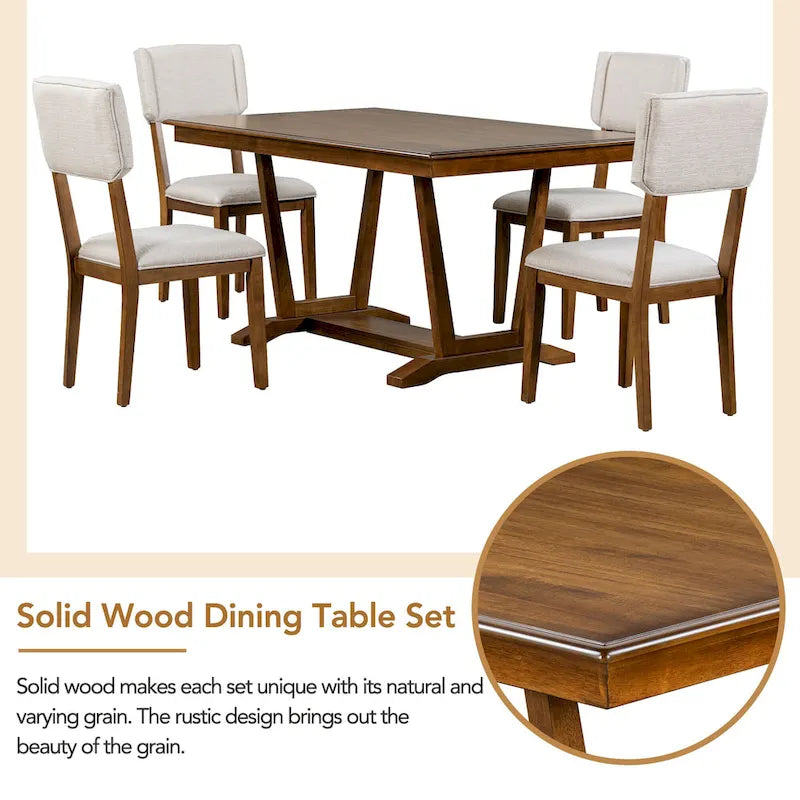 Juego de comedor de madera maciza de 5 piezas de nogal/natural, capacidad para 4 a 6 personas