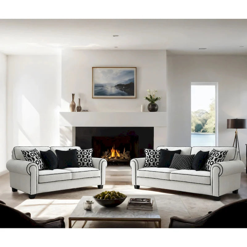 Sofá biplaza de chenilla blanca para 2 personas con cojines decorativos