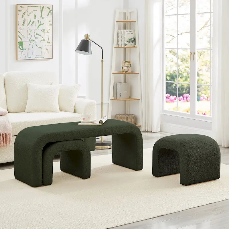 Banco otomano Teddy en forma de U verde oscuro, juego de 3, hasta 4 personas