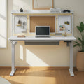 Escritorio eléctrico de pie blanco con cajón y panel trasero, altura ajustable, 140 cm, 1 persona