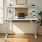 Escritorio eléctrico de pie blanco con cajón y panel trasero, altura ajustable, 140 cm, 1 persona