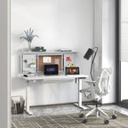 Escritorio eléctrico de pie blanco con cajón y panel trasero, altura ajustable, 140 cm, 1 persona