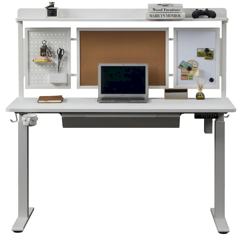 Escritorio eléctrico de pie blanco con cajón y panel trasero, altura ajustable, 140 cm, 1 persona