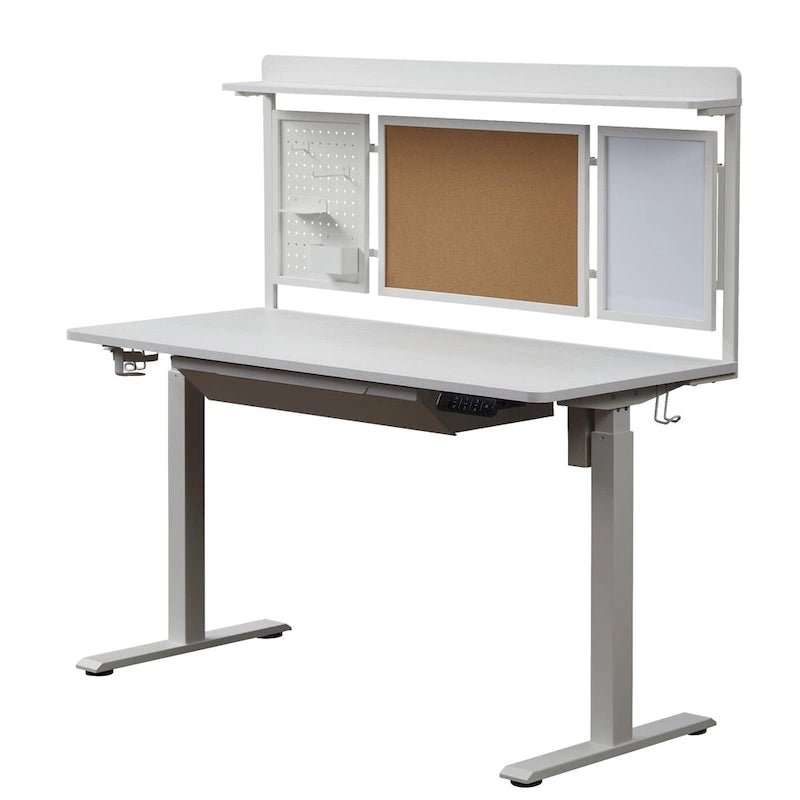 Escritorio eléctrico de pie blanco con cajón y panel trasero, altura ajustable, 140 cm, 1 persona