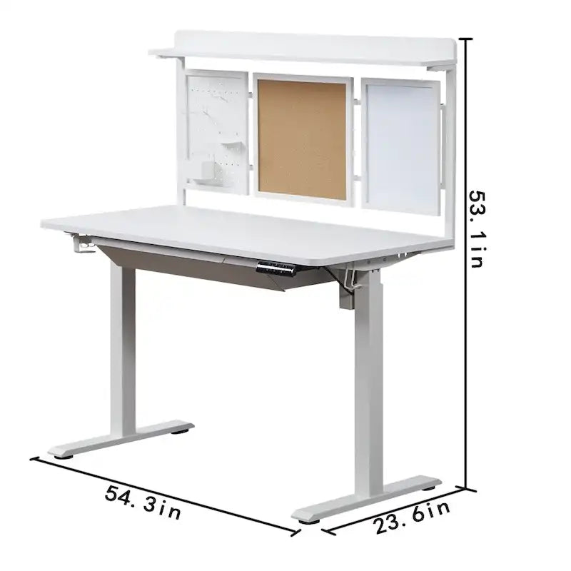 Escritorio eléctrico de pie blanco con cajón y panel trasero, altura ajustable, 140 cm, 1 persona