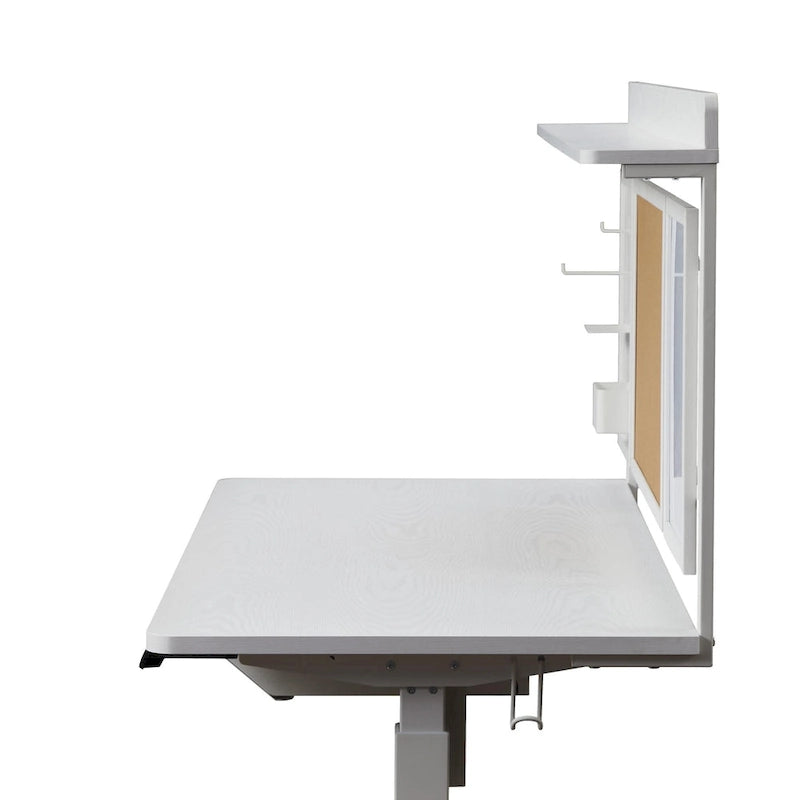 Escritorio eléctrico de pie blanco con cajón y panel trasero, altura ajustable, 140 cm, 1 persona