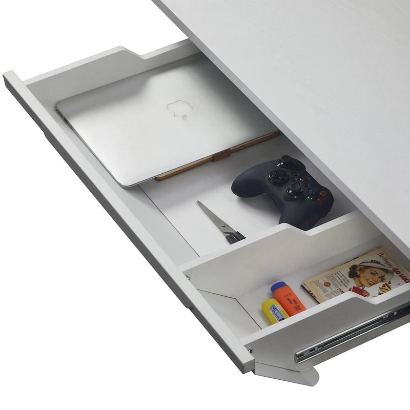 Escritorio eléctrico de pie blanco con cajón y panel trasero, altura ajustable, 140 cm, 1 persona