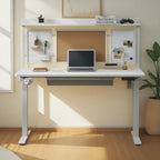 Escritorio eléctrico de pie blanco con cajón y panel trasero, altura ajustable, 140 cm, 1 persona