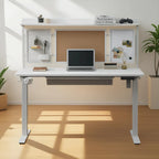 Escritorio eléctrico de pie blanco con cajón y panel trasero, altura ajustable, 140 cm, 1 persona