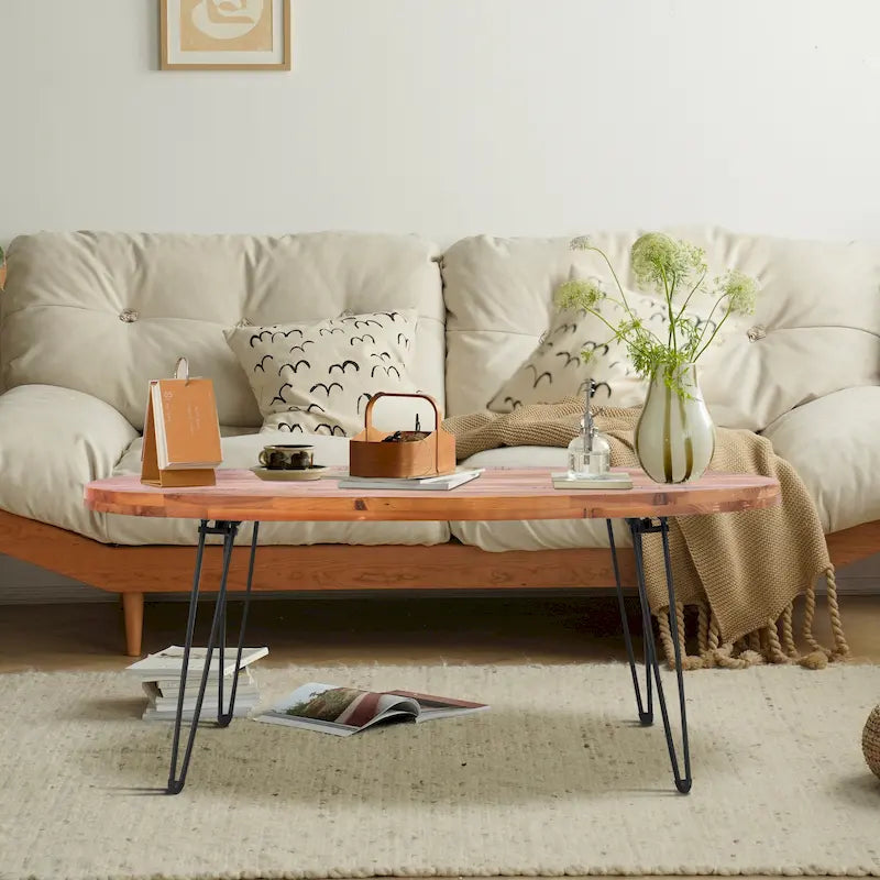 Mesa de centro ovalada de madera natural recuperada y plegable - 24.00 x 44.00 x 18.00