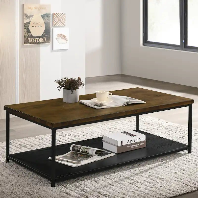 Mesa de centro contemporánea de 47" con 1 estante – Blanco / Roble rústico / Amarillo