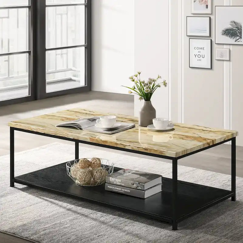 Mesa de centro contemporánea de 47" con 1 estante – Blanco / Roble rústico / Amarillo